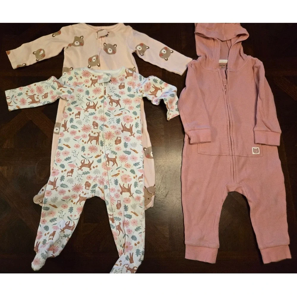 Carters Baby Girl 9M Bundle 3pc Footed Sleepers Deer Bear Hooded Thermal Romper